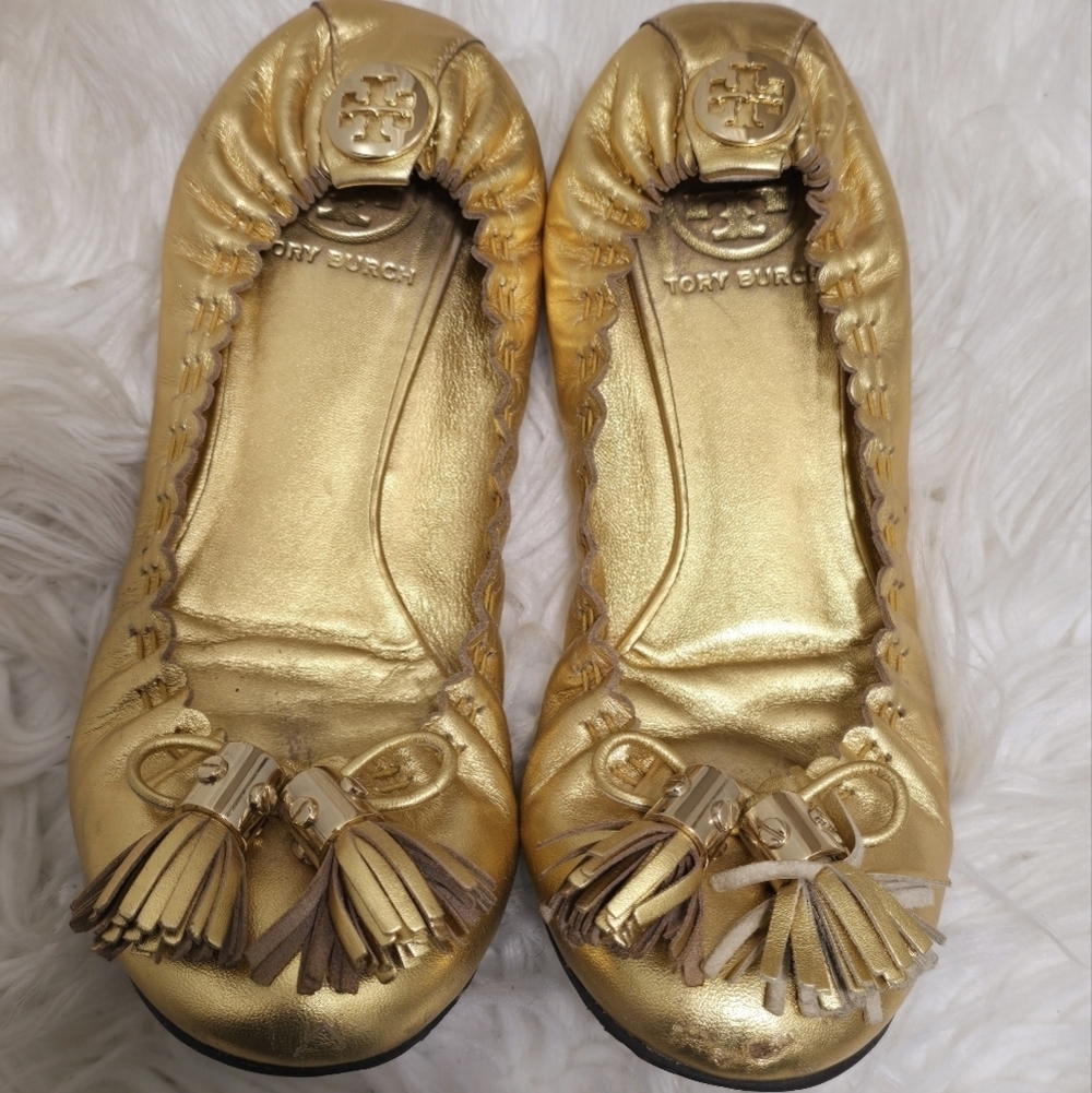 Tory Burch Gold Reese Tassel Leather BalletFlats🌴✌️ - Picture 7 of 9